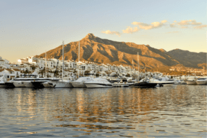 La Choncha mountain in sunset with the harbour in front