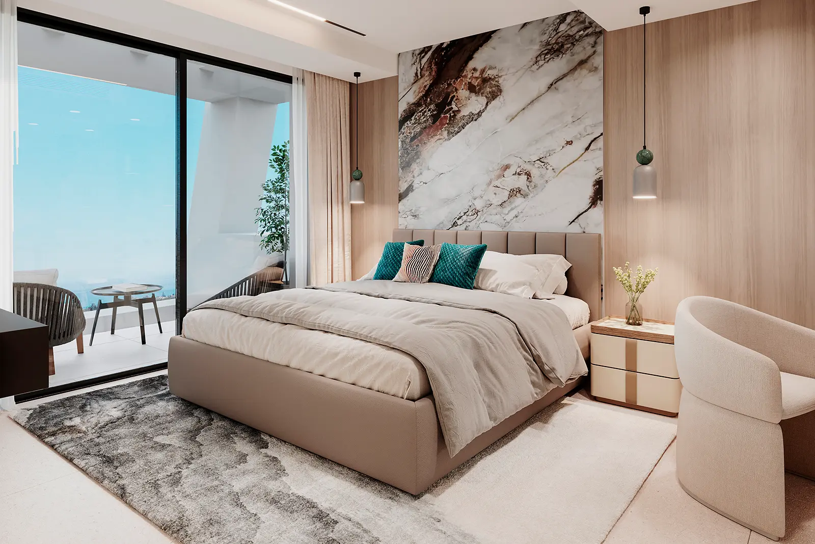 Bright bedroom with marble feature wall above bed, wood panels and sea view through glass door