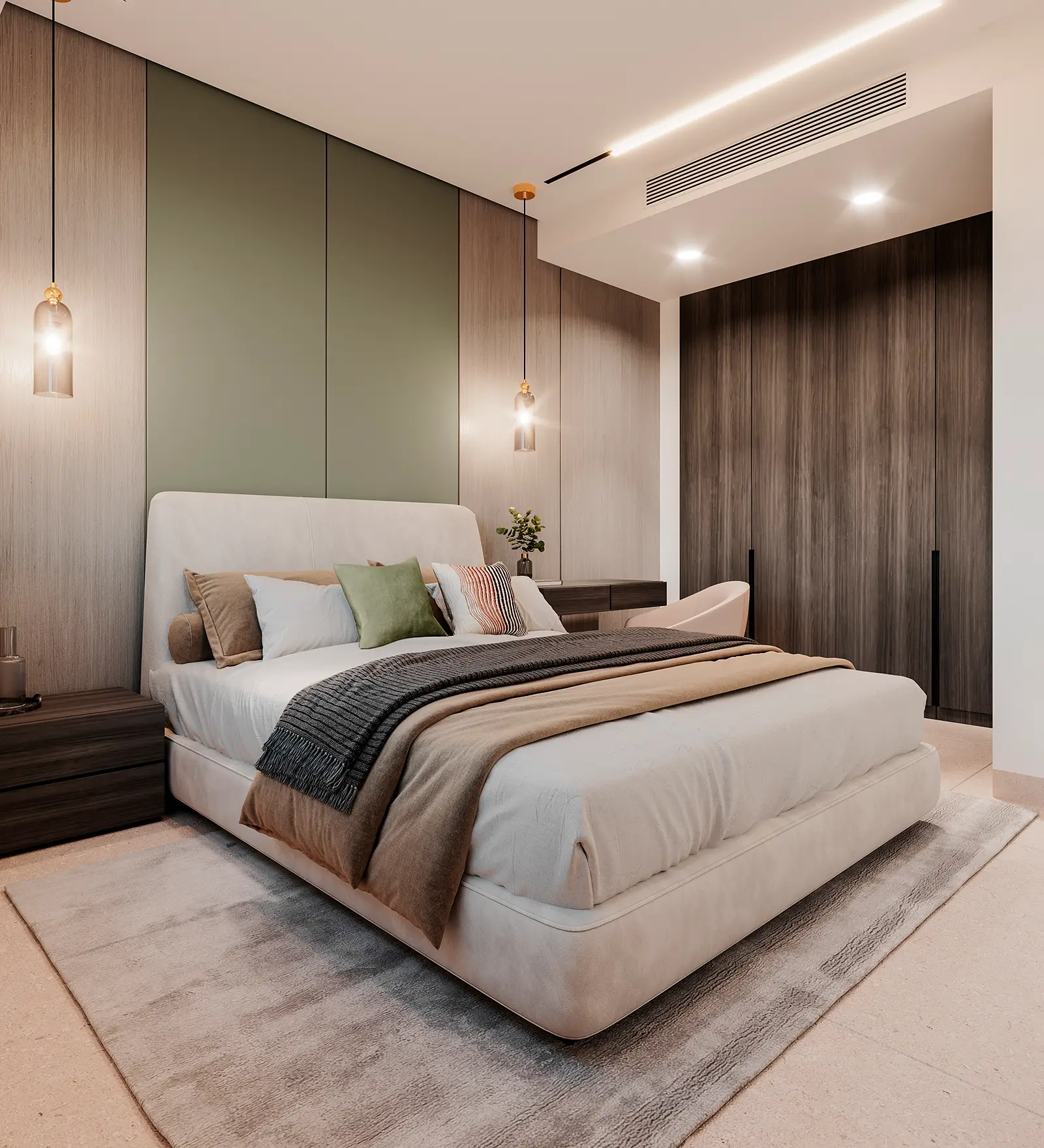 Double bed with cream headboard, green cushions and pendant lights in Serenity Hills