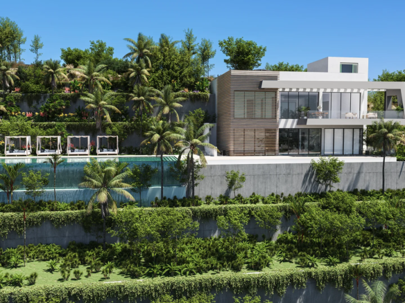 Infinity pool and clubhouse at Serenity Hills luxury development in Marbella