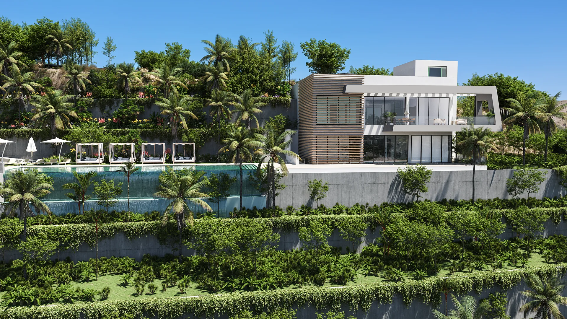 Infinity pool and clubhouse at Serenity Hills luxury development in Marbella