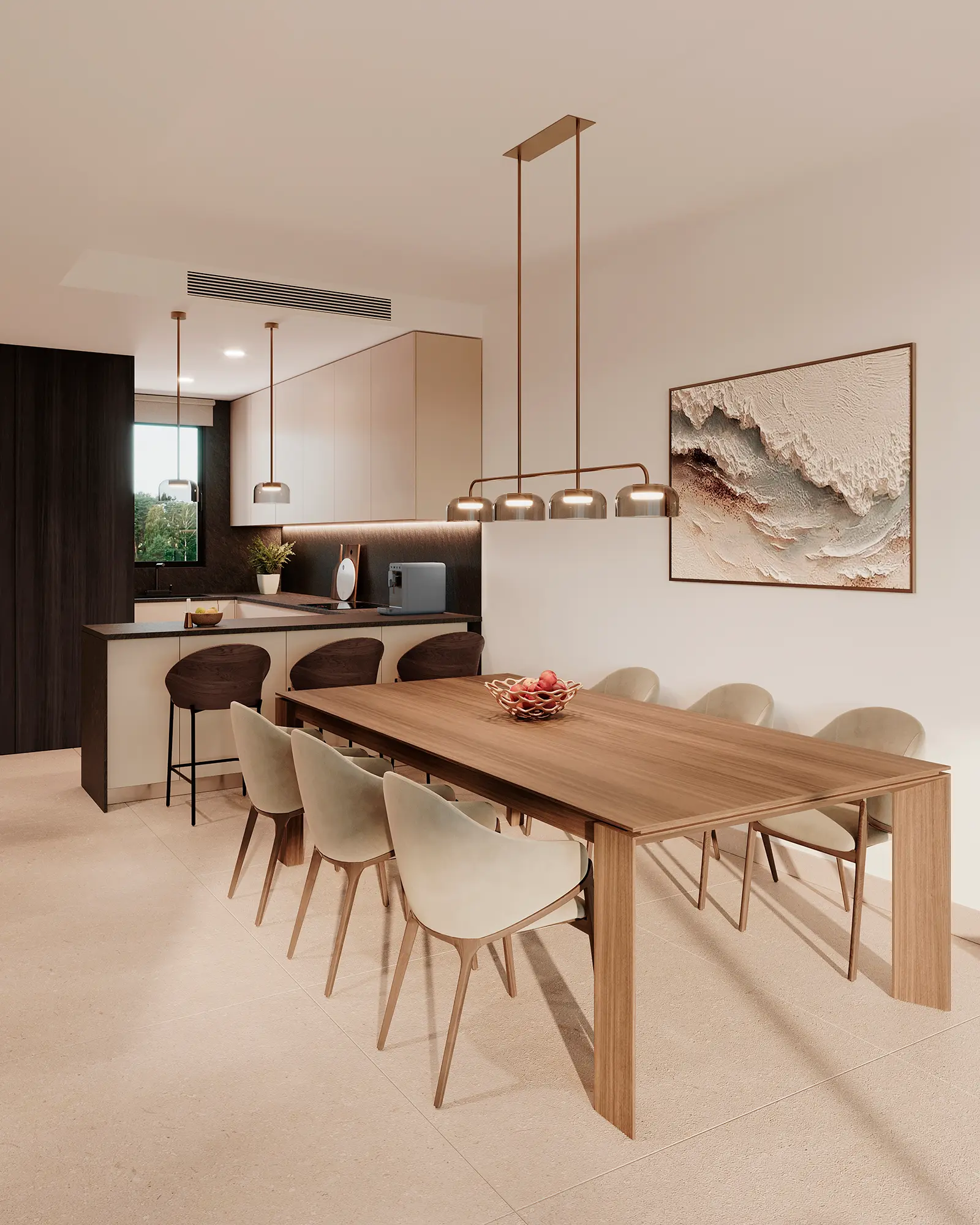 Light wood dining table with eight chairs, pendant lights above, open kitchen behind