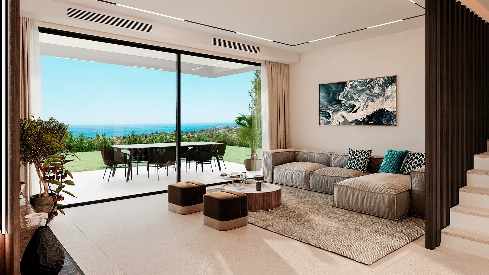 Bright living room with floor-to-ceiling windows opening to a terrace with sea views
