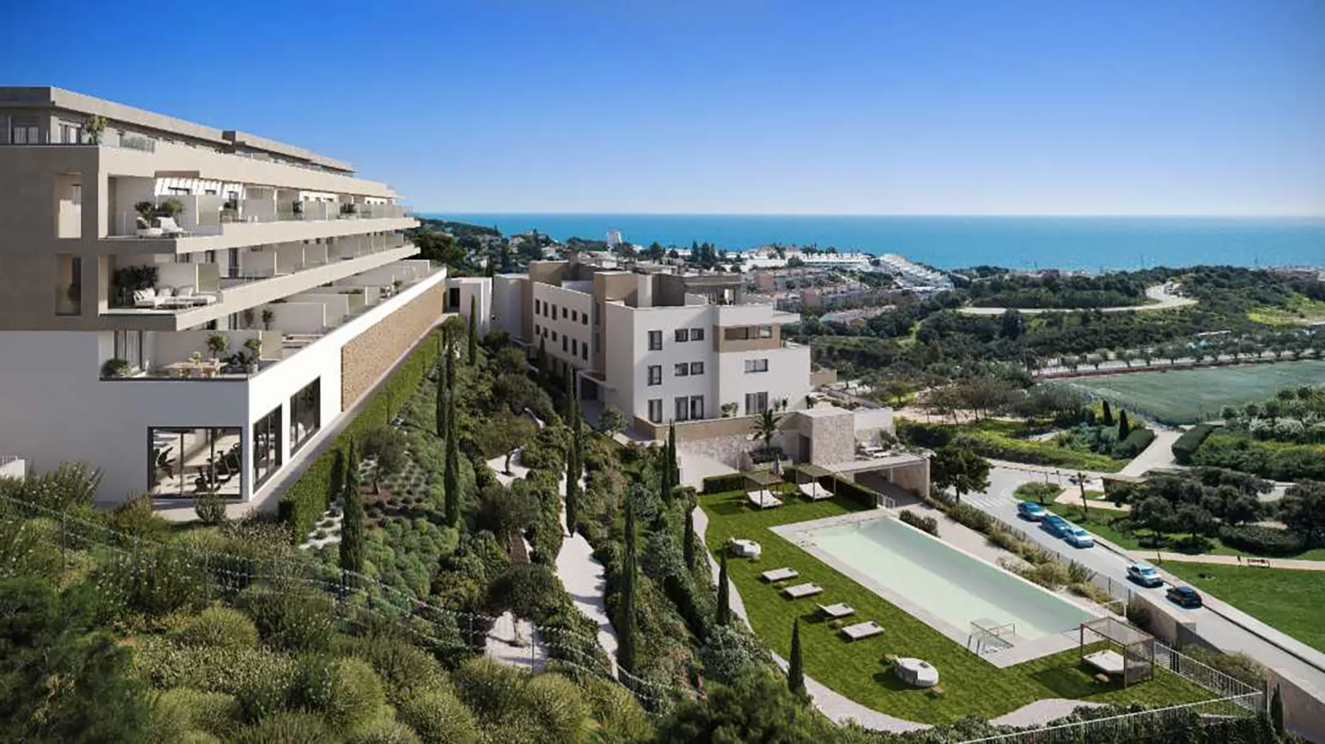 Exterior view of Almare Cala de Mijas apartments with terraces and panoramic Mediterranean sea views