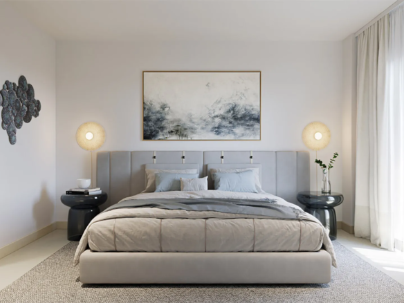 Stylish master bedroom with soft tones and elegant decor in Almare Cala de Mijas Costa del Sol property