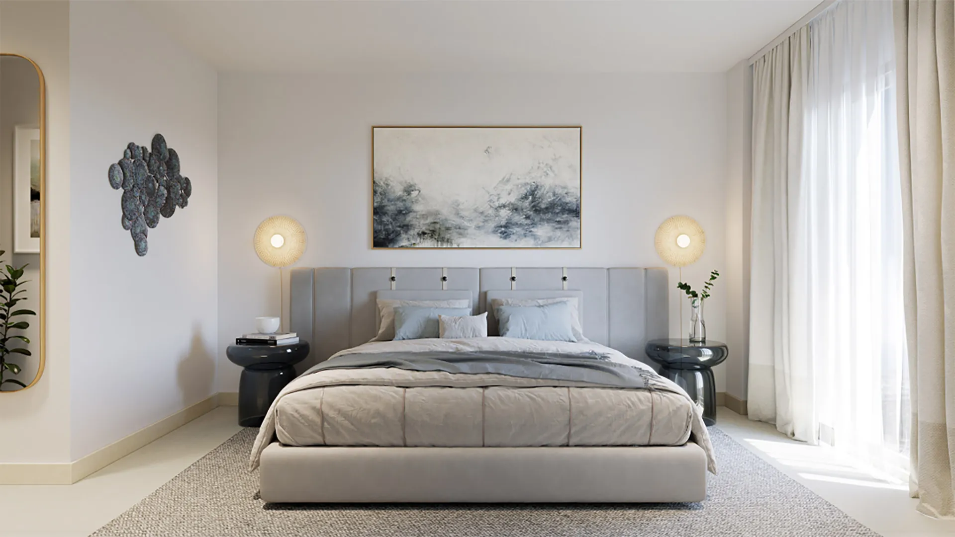 Stylish master bedroom with soft tones and elegant decor in Almare Cala de Mijas Costa del Sol property