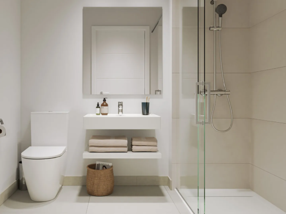 Contemporary bathroom with walk-in shower and elegant finishes in Almare Cala de Mijas new build apartment