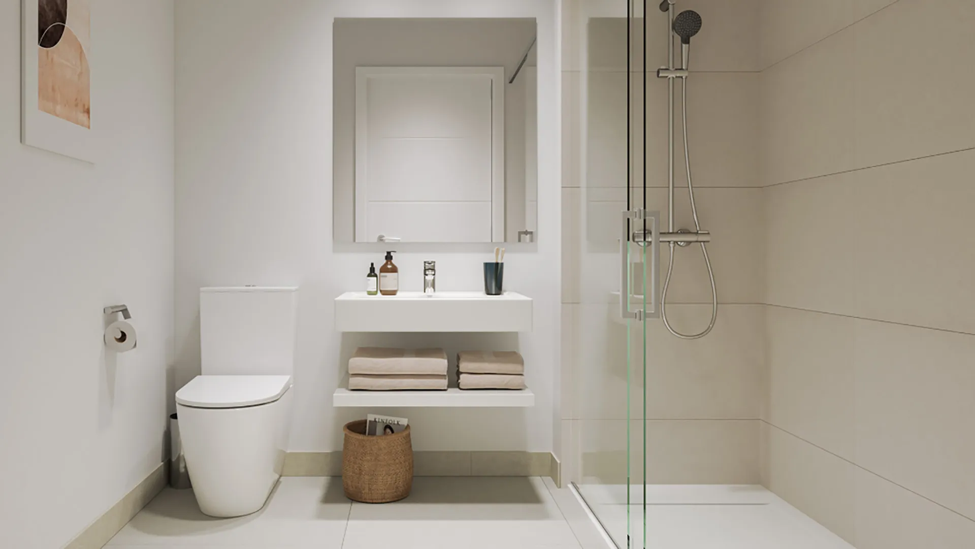 Contemporary bathroom with walk-in shower and elegant finishes in Almare Cala de Mijas new build apartment