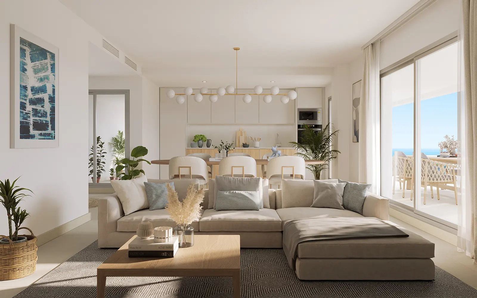 Lichte woonkamer met grote bank, open keuken en zeezicht door panoramaraam