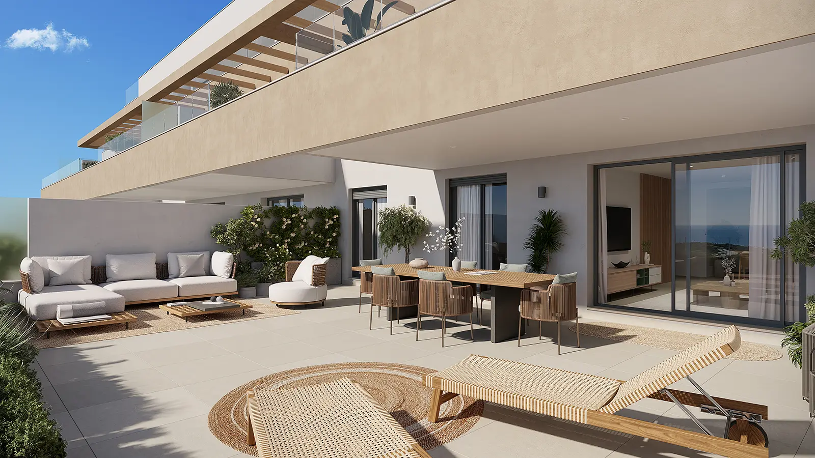 Ruim terras met loungemeubelen, eethoek en zeezicht bij Almare La Cala