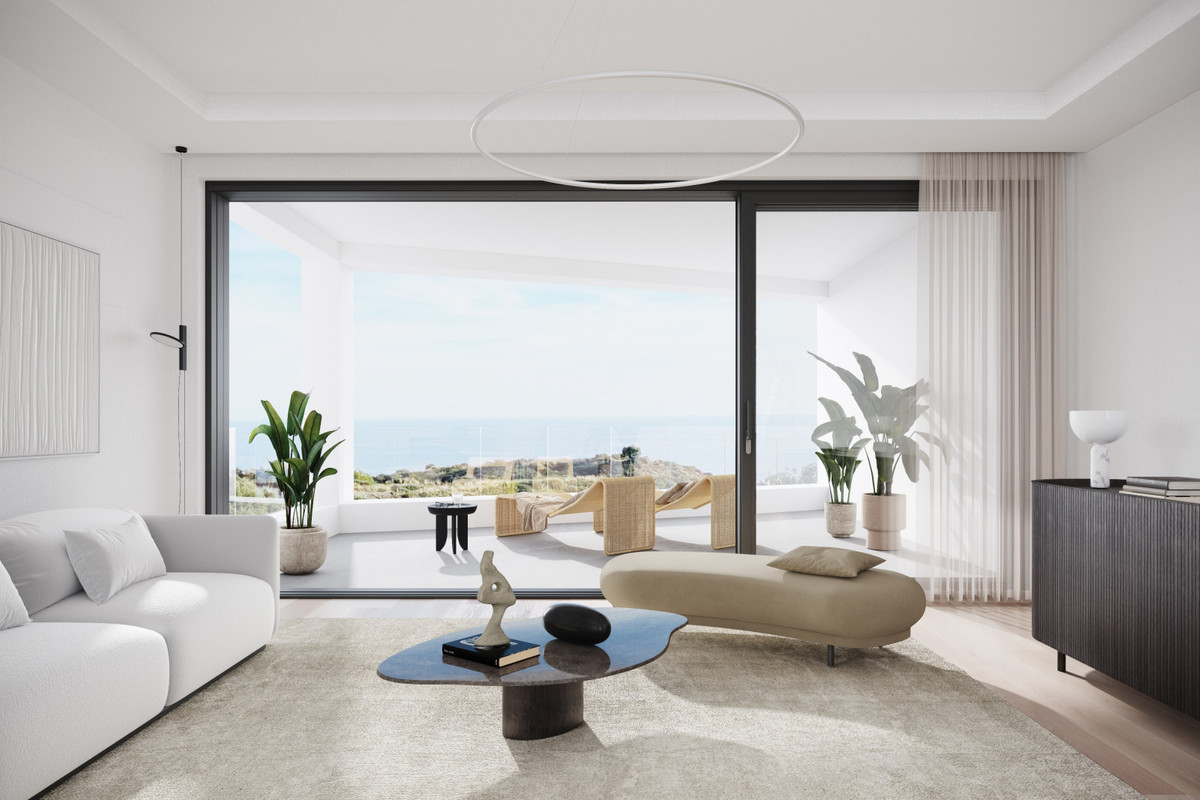 Aalto Residences – Riviera del Sol - lyst opholdsrum med gulv-til-loft skydevinduer og havudsigt