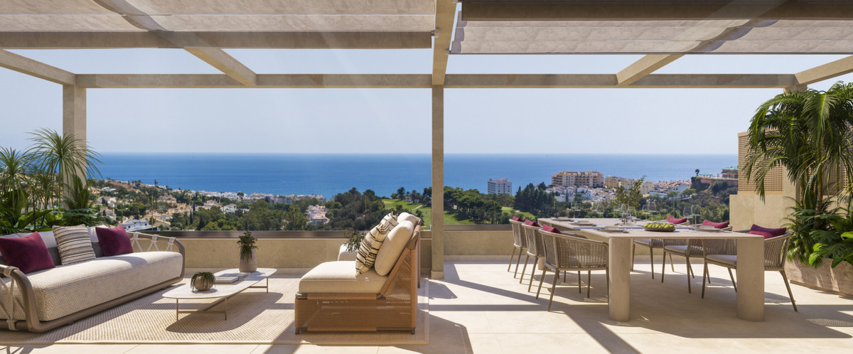 Abelias – Benalmadena - luxury terrace with outdoor lounge, dining area, pergola and panoramic sea views