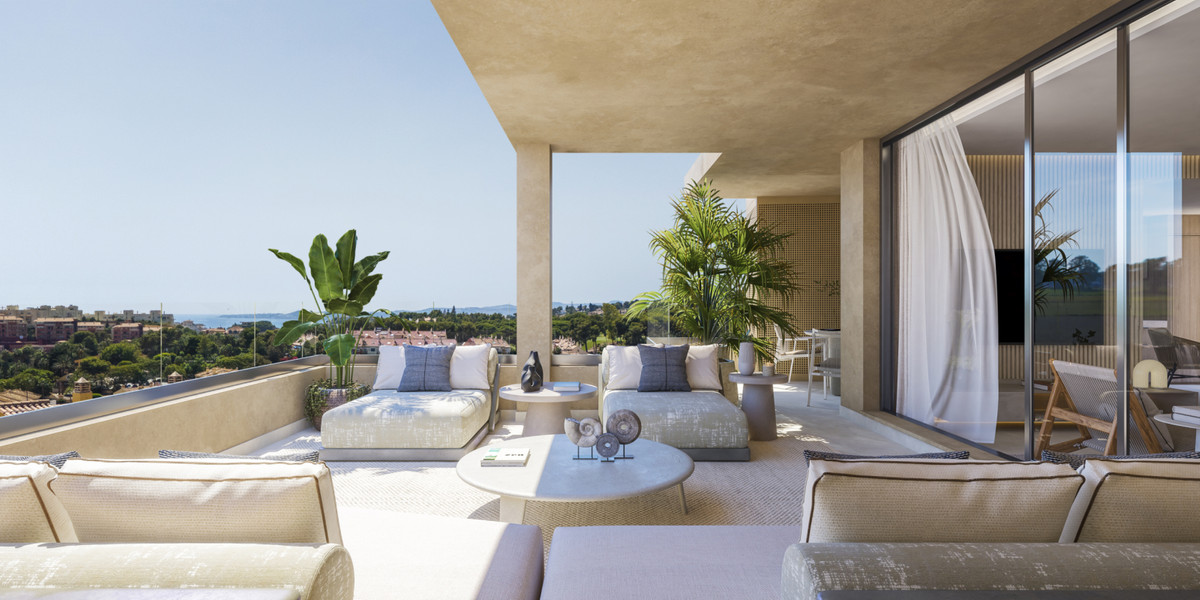 Abelias – Benalmadena - luxury terrace with outdoor lounge seating, tropical plants and panoramic coastal views