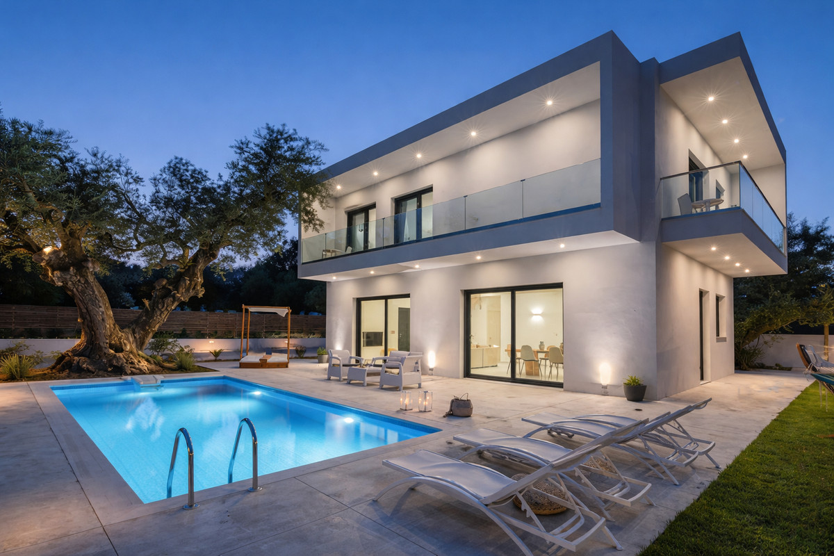 Agua – Turnkey – Bel Air - modern two-storey villa exterior with illuminated private pool and sun loungers at dusk
