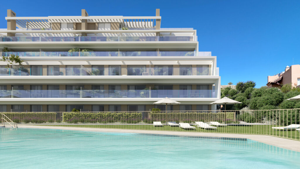 Aire – Cancelada - modern luxury apartment complex exterior with communal pool, sun loungers, and landscaped gardens