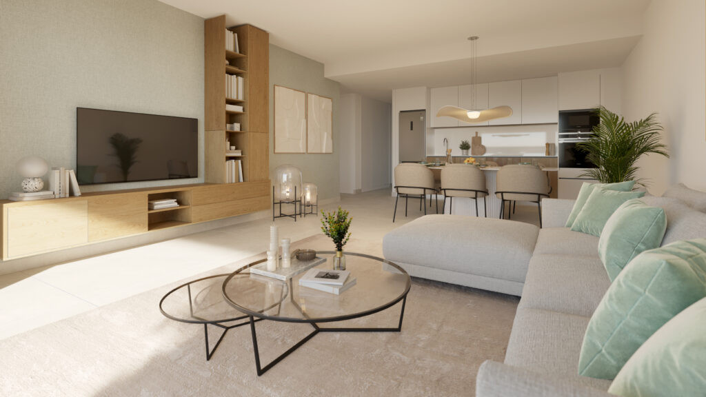 Aire – Cancelada - bright open-plan living room with sectional sofa, glass coffee table, wood shelving unit and modern kitchen