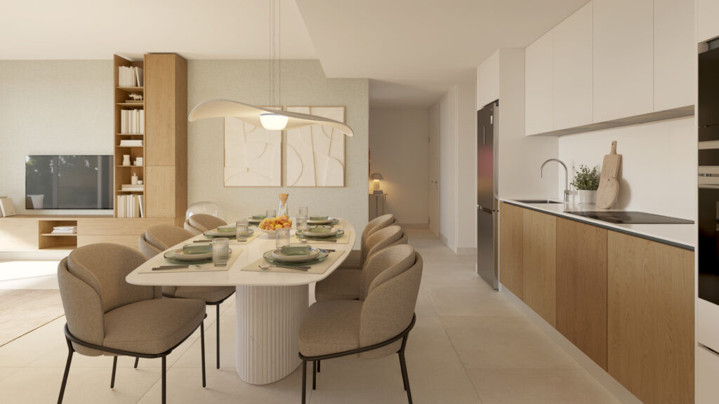 Aire – Cancelada - open-plan dining area and kitchen with wood cabinetry and white oval dining table