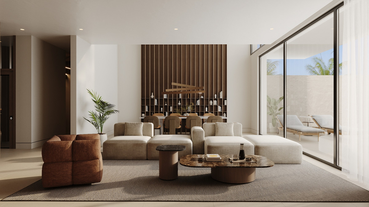 Alcantara del Mar Villas – San Pedro de Alcántara - åben stue og spisestue med neutrale toner, trælamelvæg og gulv-til-loft-glasfacade