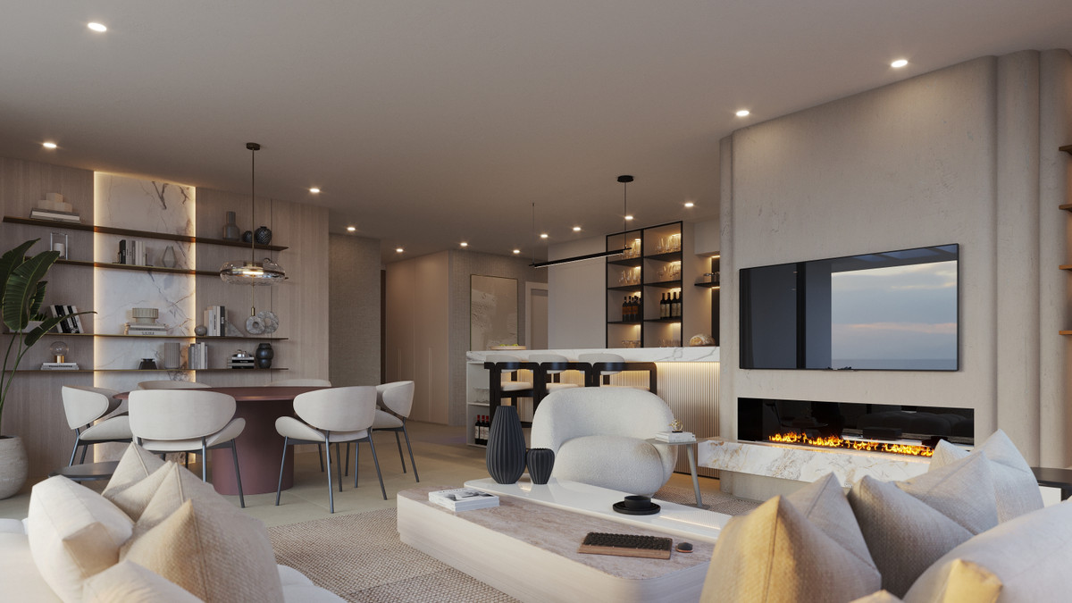 Altezza Suites – Estepona - luksuriøs åben stue med pejs, TV-væg, spiseplads og bar
