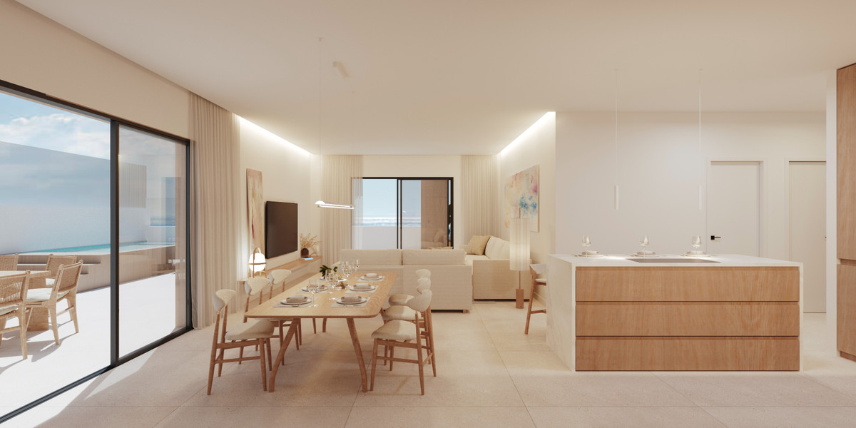 Armonia – San Pedro de Alcántara – open-plan dining and living area with kitchen island, sea views and terrace access