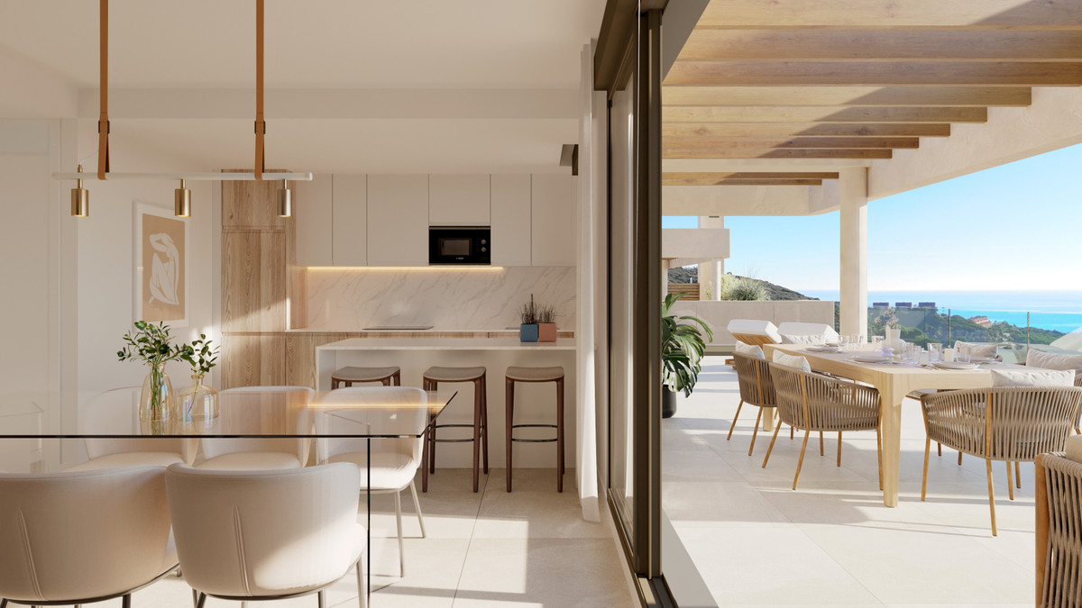 Atria – Phase 2 – La Alcaidesa – Offene Küche mit Essbereich und Terrasse mit Meerblick