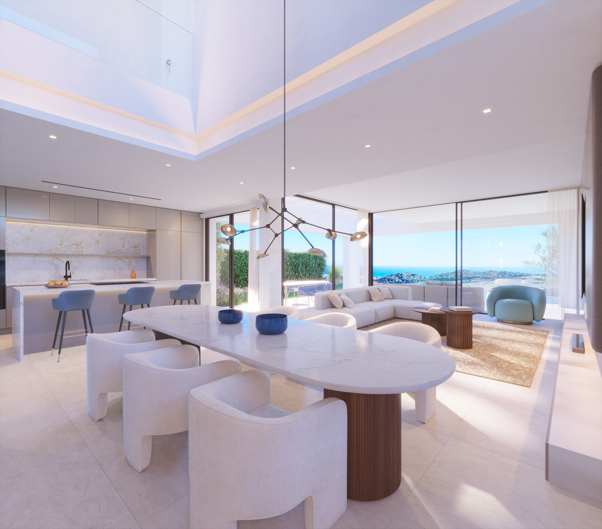 Aurea Villas – Estepona - åben køkken-, spise- og opholdszone med panoramaudsigt over havet gennem gulv-til-loft-glas