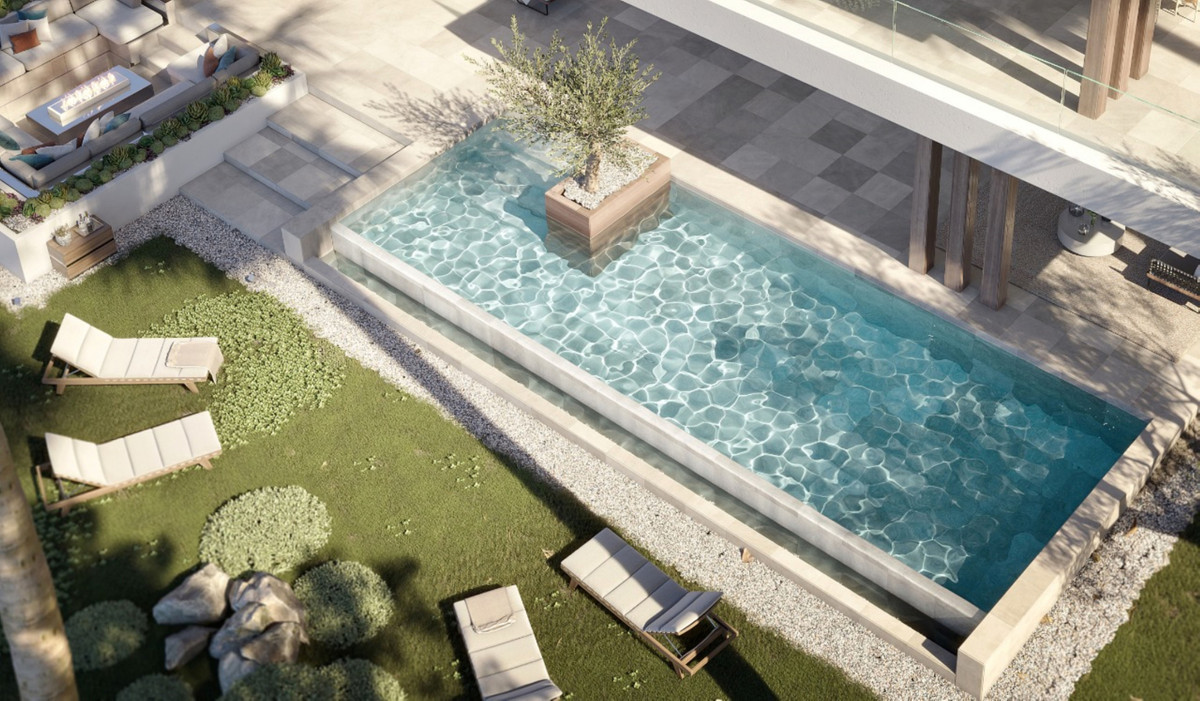 Azahar de Nagüeles – Nagüeles - aerial view of private pool with tree planter, sun loungers and landscaped garden