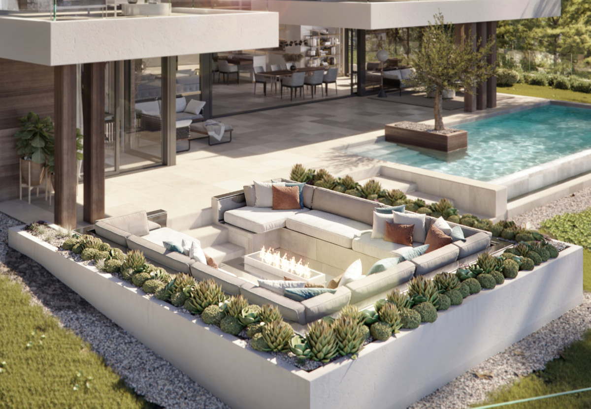 Azahar de Nagüeles – Nagüeles - sunken fire pit lounge, pool and landscaped succulent garden of luxury villa exterior