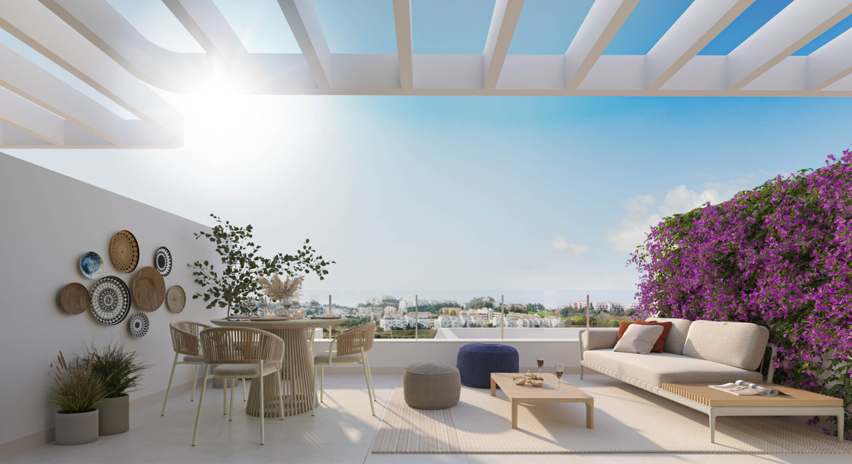Bahia – La Cala de Mijas - sun-drenched rooftop terrace with outdoor dining, lounge seating, pergola and bougainvillea with village views