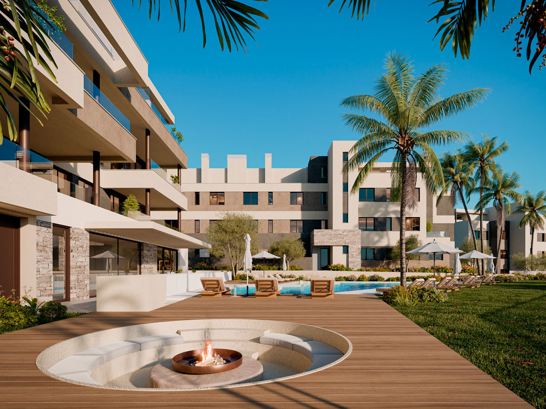Balance – Mijas - luxe gemeenschappelijke buitenruimte met verzonken vuurplaats, zwembad, palmbomen en moderne appartementen