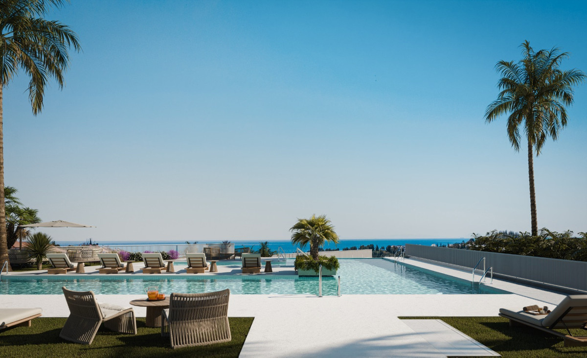Balance Nova - Mijas - infinity pool terrace with sea views, sun loungers and palm trees on the Costa del Sol