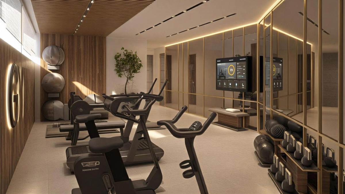 Bali Villas – La Cala de Mijas - luxury private gym with cardio machines, kettlebells and gold-framed mirrors