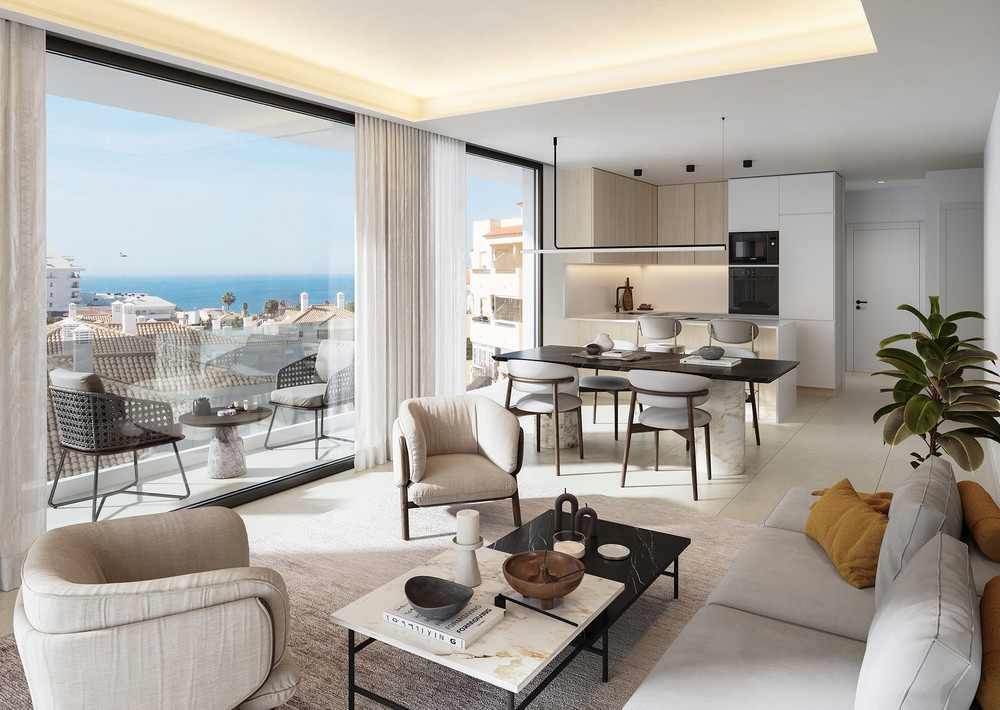 Belvedere Collection – Fuengirola - åben stue, spisestue og køkken med panoramaudsigt over havet