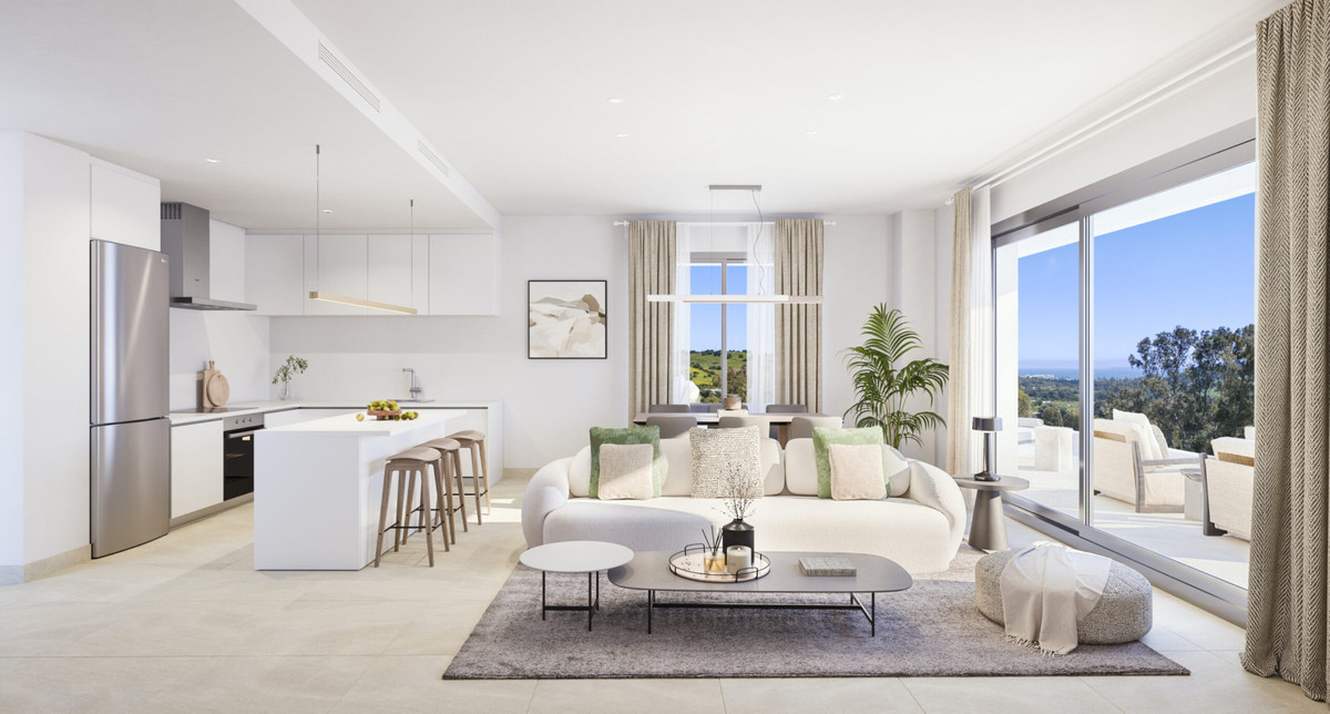 Birdie Hills – Estepona - bright open-plan living room and kitchen with panoramic terrace views