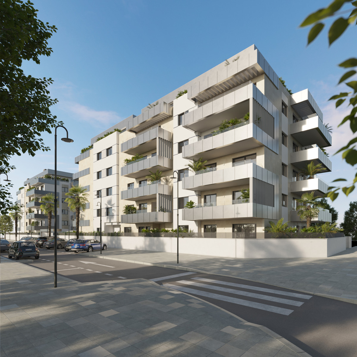 Biznaga – Las Lagunas - modern residential exterior with spacious balconies and palm trees in Málaga