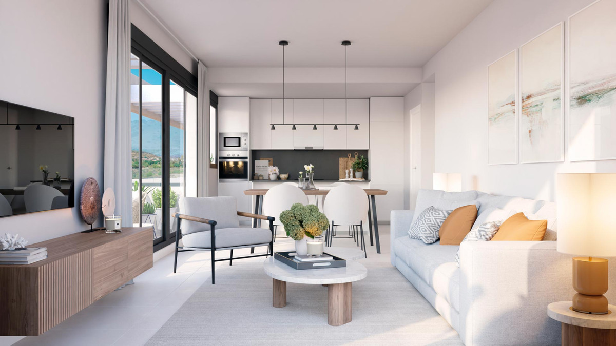 Bliss Homes – Casares - Heller offener Wohn-Essbereich mit moderner Küche und Bergblick