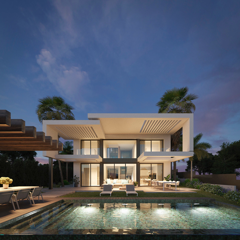 Buena Vista Hills – Mijas - luxury modern villa exterior with illuminated pool at dusk