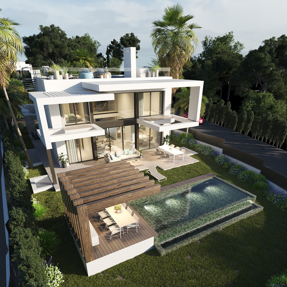 Buena Vista Hills – Mijas - modern luxury villa exterior with pool, wooden deck, and rooftop terrace surrounded by lush greenery