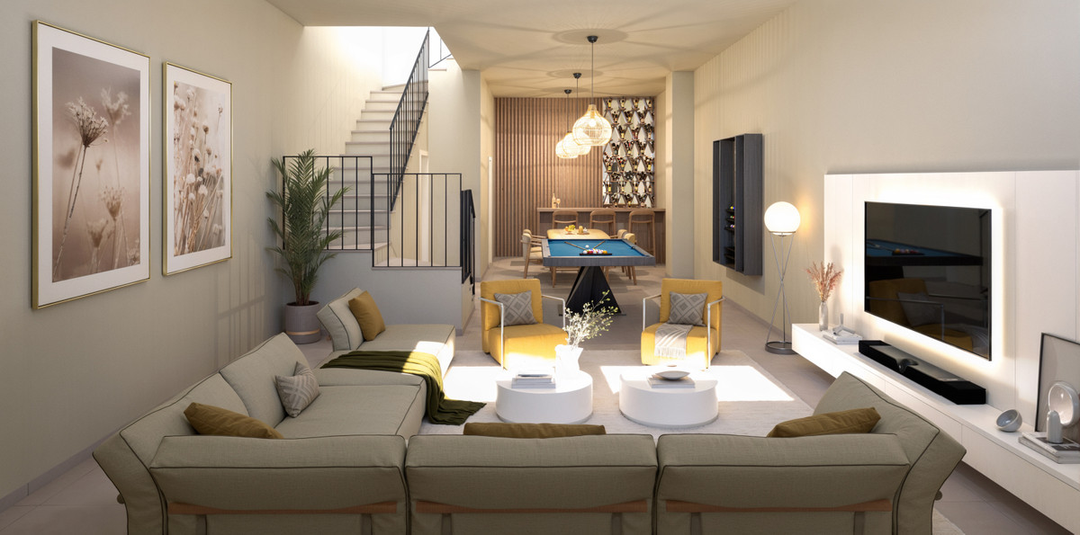 Calagolf by Marinsa – La Cala Golf - open-plan living room with sectional sofa, billiard table, bar area and staircase