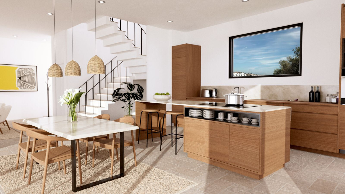 Casa 3 – Bougaivillea Rosa – Torreblanca - open keuken en eethoek met warme houten kasten en marmeren eiland