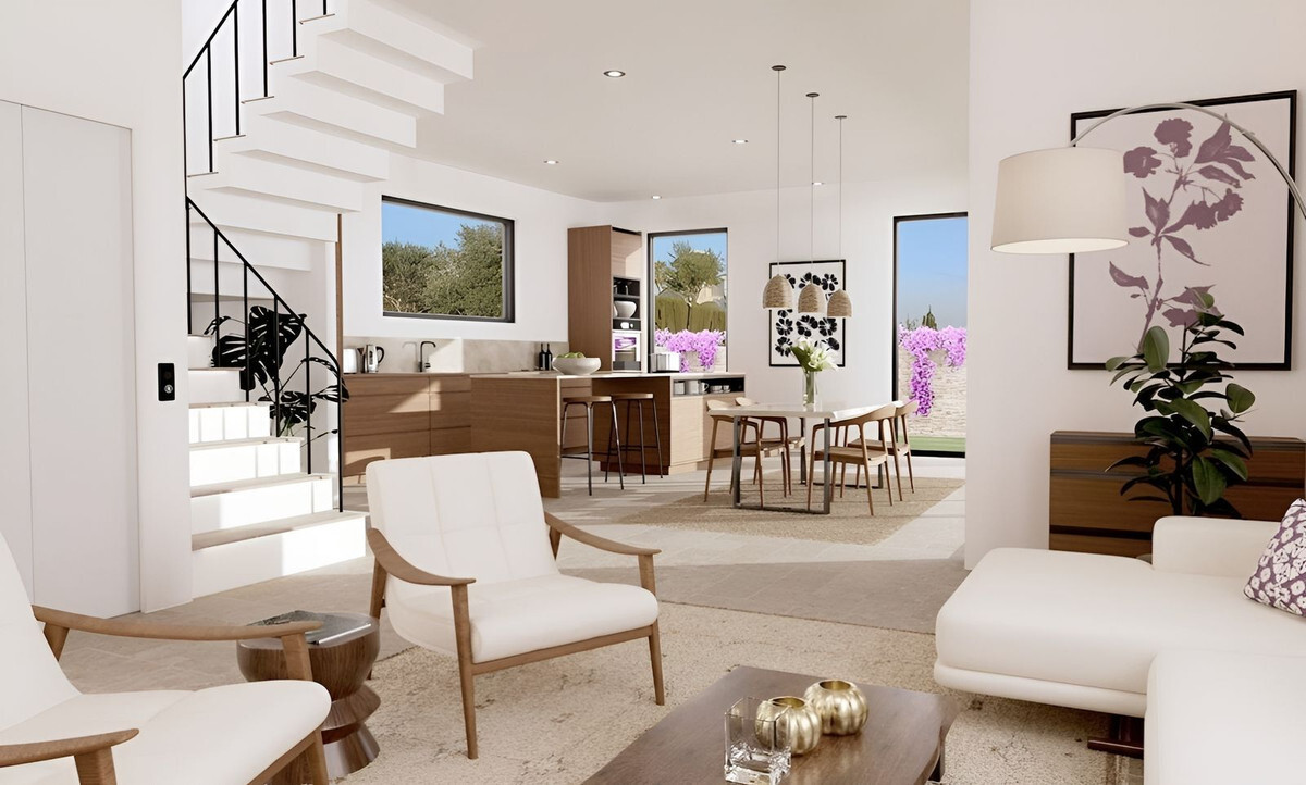 Casa 3 – Bougaivillea Rosa – Torreblanca - lichte open woon-, eet- en keukenruimte met moderne trap