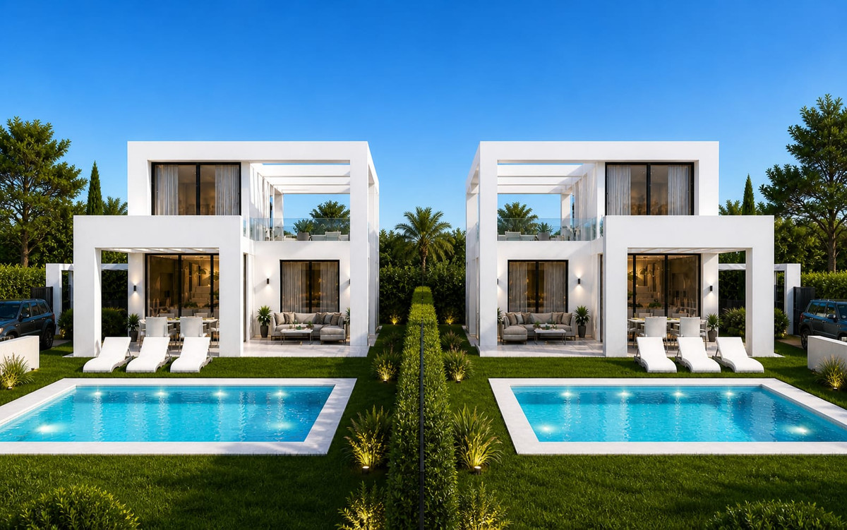 Cerrado Heights – Mijas Costa - to moderne hvide villaer med private pools, liggestole og landskabshaver i skumringen