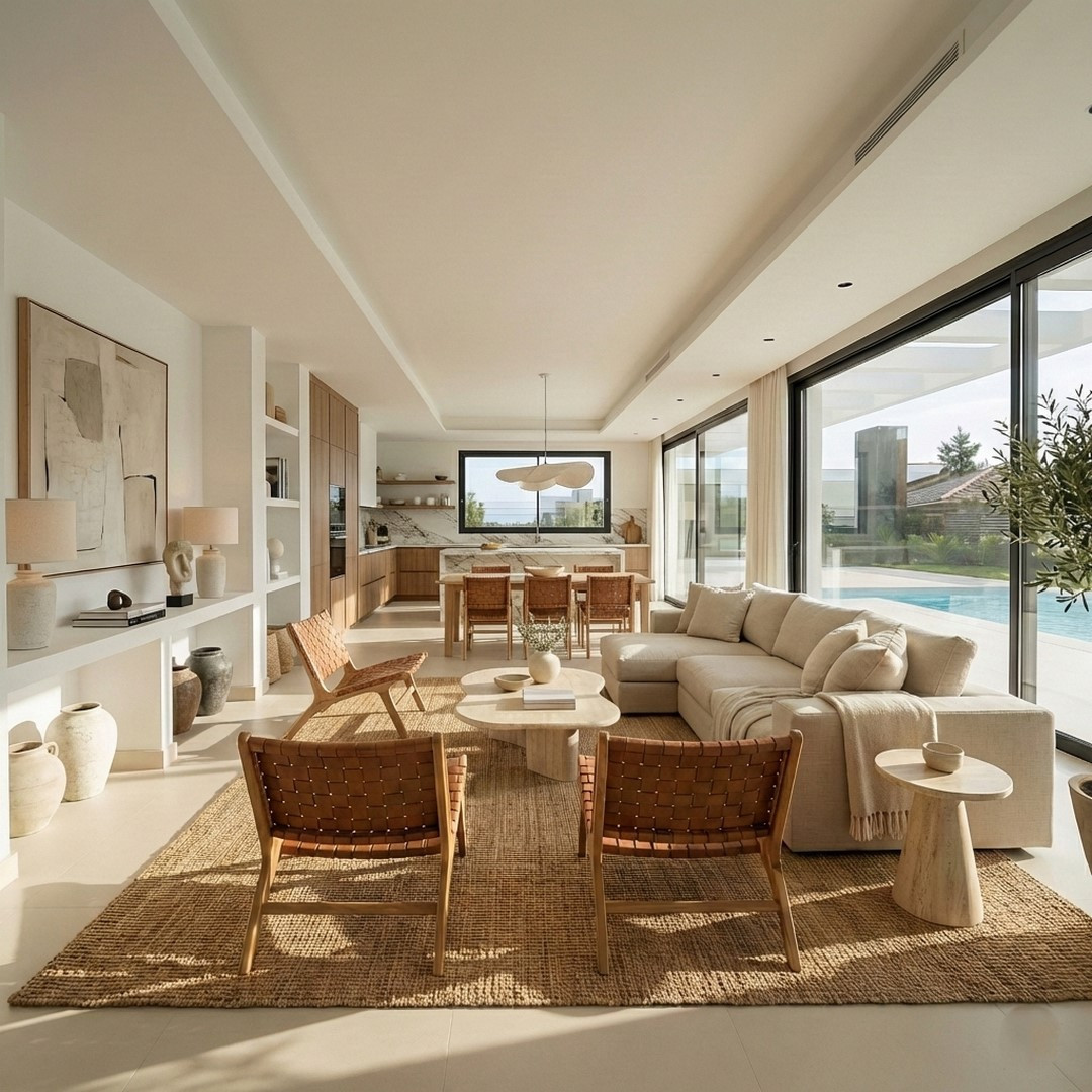 Chaparral Sunset Villas – El Chaparral - open-plan living room with woven leather chairs, sectional sofa, jute rug, and pool views