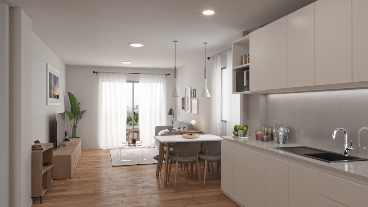 Coral Mijas Residencial – Mijas Costa - open keuken, eet- en woonkamer met houten vloeren en natuurlijk licht