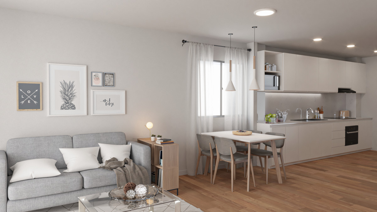 Coral Mijas Residencial – Mijas Costa - open woonkamer, eetkamer en witte inbouwkeuken met houten vloer