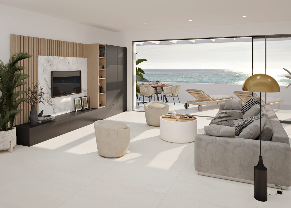 Costafiore Gardens – Fase 1 – Estepona - luksus åben stue med havudsigt og adgang til terrasse
