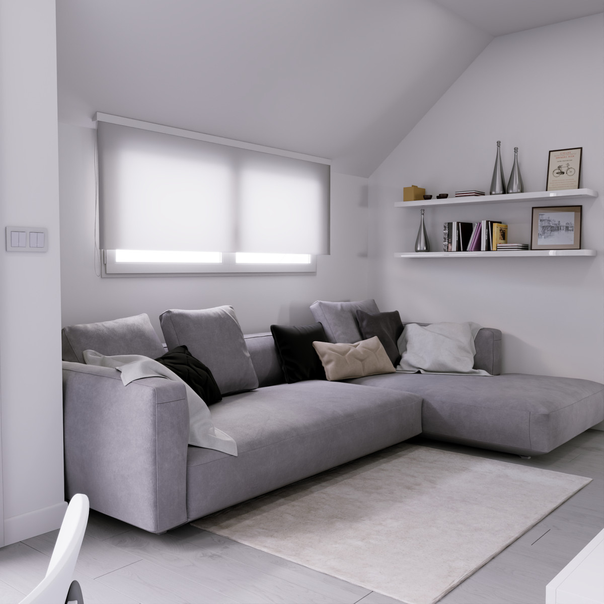 Edificio Perseo – Fuengirola – modernes graues Ecksofa, Wandregale und Rollo in hellem Wohnzimmer
