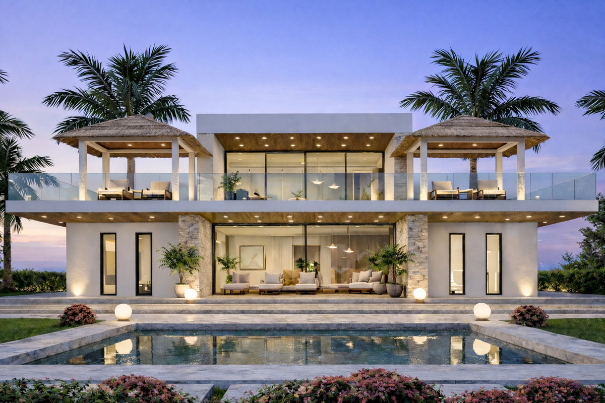 Elegance – Turnkey – Nueva Andalucía - luksusvilla med infinity-pool, glasfacade, stråtækte pavilloner og palmer i skumringen