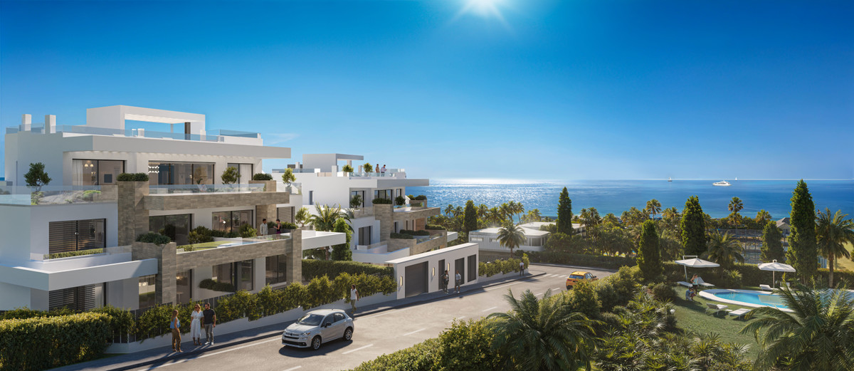 Equilibrio Apartments – Estepona - moderne hvide terrassefacader med havudsigt, palmtræer og pool