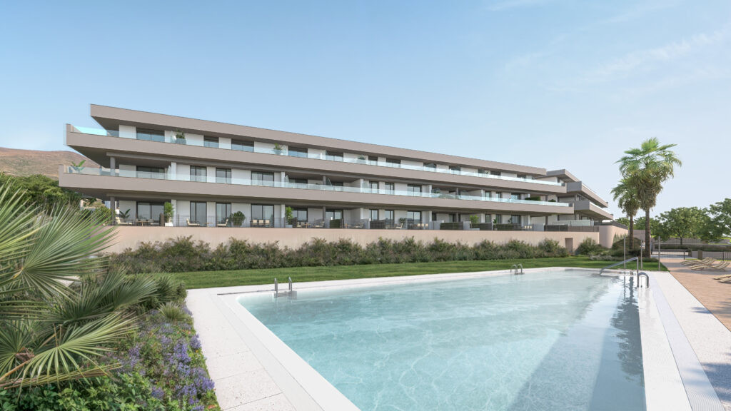 Etherna Homes I – Estepona – moderne Wohnfassade mit Gemeinschaftspool und gepflegten Gartenanlagen